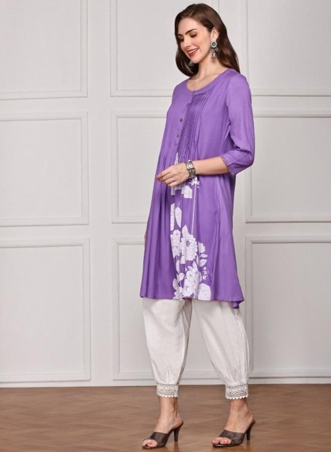 ISHIN Women's Lavender Rayon Printed Tunic Straight Fit Kurta - Image 3