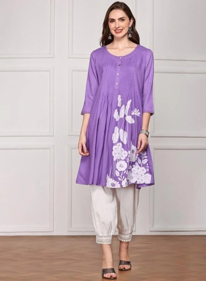 ISHIN Women's Lavender Rayon Printed Tunic Straight Fit Kurta