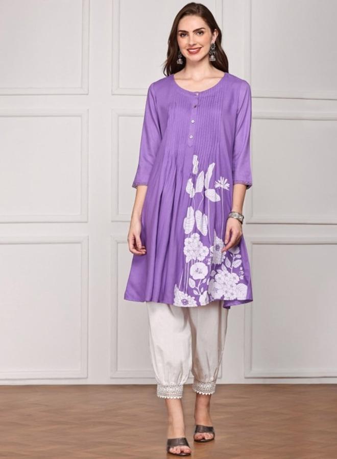 ISHIN Women's Lavender Rayon Printed Tunic Straight Fit Kurta - Image 1