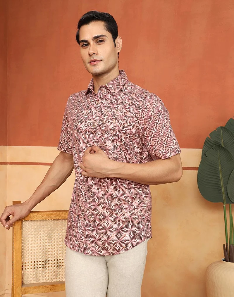 Pink Cotton Hand Block Printed Slim Fit Shirt