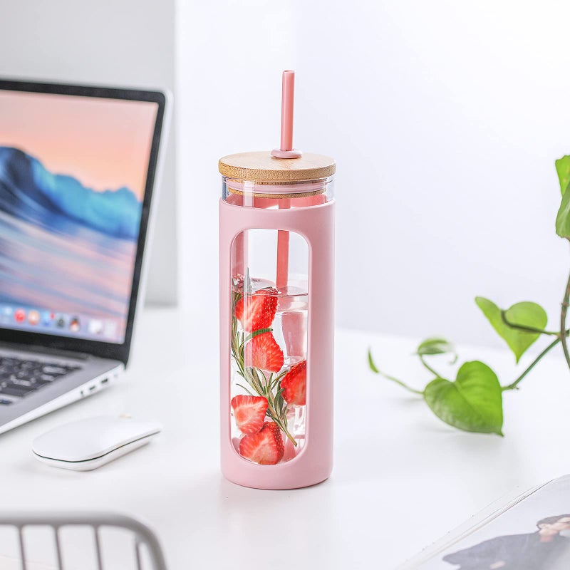 Kodrine 20oz Glass Water Tumbler with Straw and Lid, Bamboo Lids Water Bottle, Iced Coffee Cup Reusable, Wide Mouth Smoothie Cups with Protective Silicone Sleeve BPA FREE-Pink - Image 3