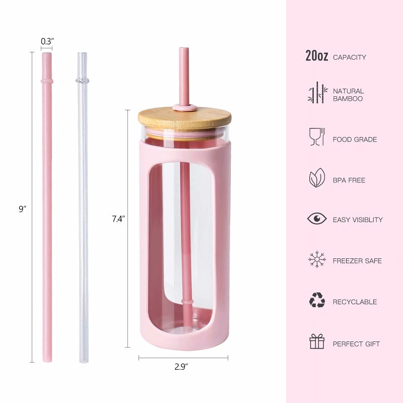 Kodrine 20oz Glass Water Tumbler with Straw and Lid, Bamboo Lids Water Bottle, Iced Coffee Cup Reusable, Wide Mouth Smoothie Cups with Protective Silicone Sleeve BPA FREE-Pink - Image 2