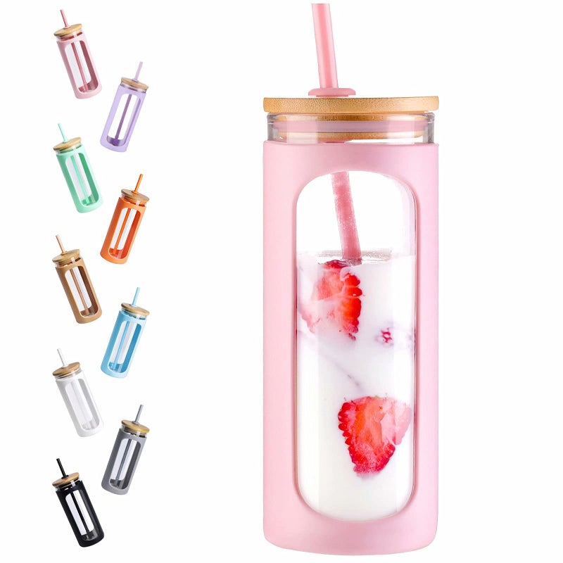 Kodrine 20oz Glass Water Tumbler with Straw and Lid, Bamboo Lids Water Bottle, Iced Coffee Cup Reusable, Wide Mouth Smoothie Cups with Protective Silicone Sleeve BPA FREE-Pink - Image 1