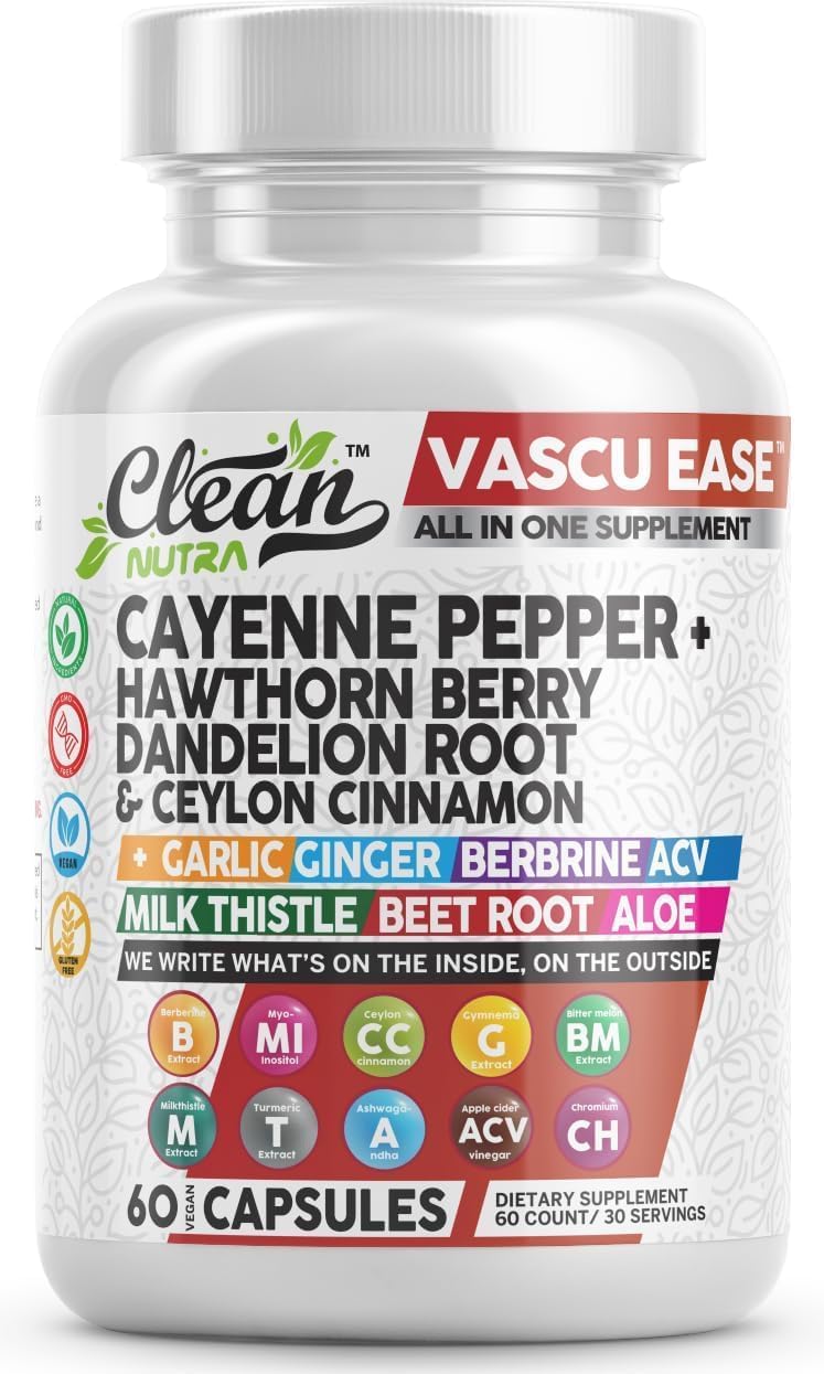 Clean Nutraceuticals Clean Nutra Cayenne Pepper Capsules Supplement with Hawthorn Berry Dandelion Root Ceylon Cinnamon Garlic Ginger Berberine Apple Cider Vinegar Milk Thistle Beet Root Aloe Vera Pills  More - Image 1