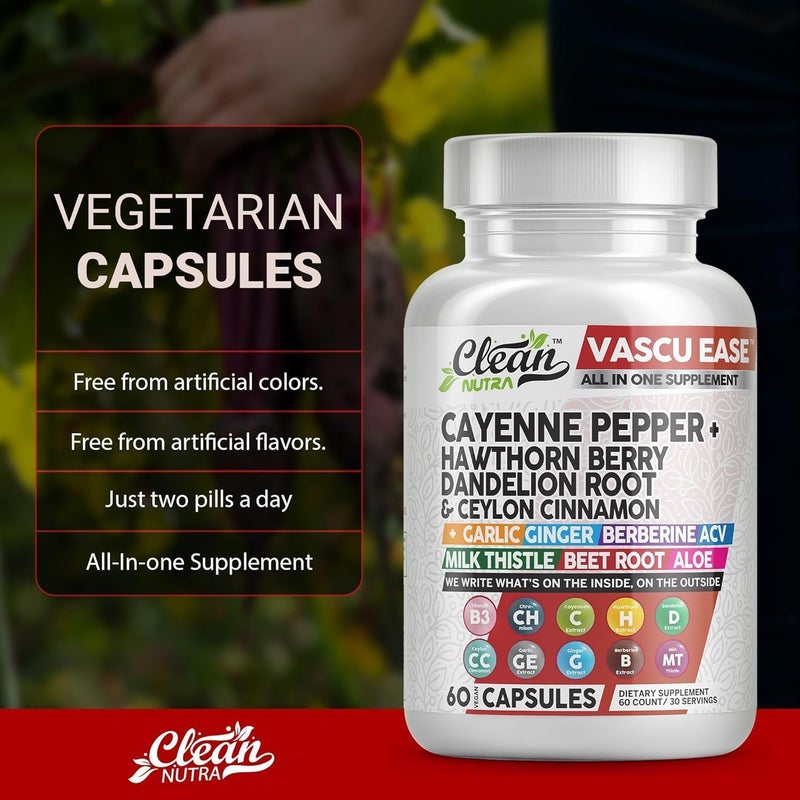 Clean Nutraceuticals Clean Nutra Cayenne Pepper Capsules Supplement with Hawthorn Berry Dandelion Root Ceylon Cinnamon Garlic Ginger Berberine Apple Cider Vinegar Milk Thistle Beet Root Aloe Vera Pills  More - Image 3