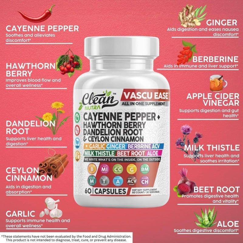 Clean Nutraceuticals Clean Nutra Cayenne Pepper Capsules Supplement with Hawthorn Berry Dandelion Root Ceylon Cinnamon Garlic Ginger Berberine Apple Cider Vinegar Milk Thistle Beet Root Aloe Vera Pills  More - Image 2