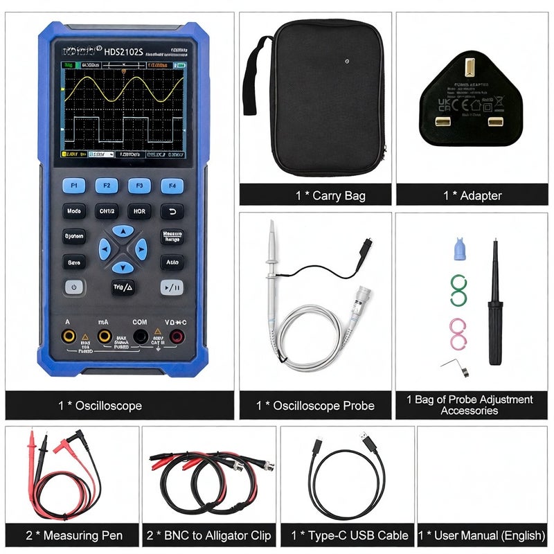 OWON HDS2102S 3 in 1 Handheld Digital Oscilloscope Multimeter Waveform Generator 100MHz 500MSa/s Dual Channels Oscilloscope True RMS 20000 Counts Multi Tester 3.5-inch Color LCD Rechargeable Type-C - Image 5