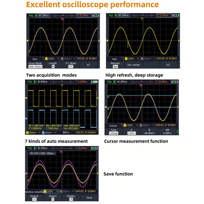 OWON HDS2102S 3 in 1 Handheld Digital Oscilloscope Multimeter Waveform Generator 100MHz 500MSa/s Dual Channels Oscilloscope True RMS 20000 Counts Multi Tester 3.5-inch Color LCD Rechargeable Type-C - Image 2