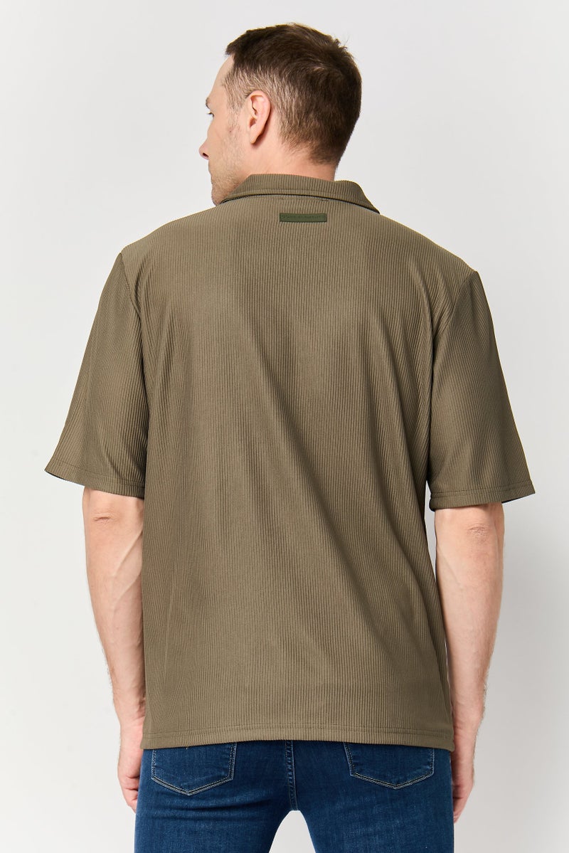 Core Elements Men Regular Fit Short Sleeve Textured Casual Shirt, Dark Olive - Image 4