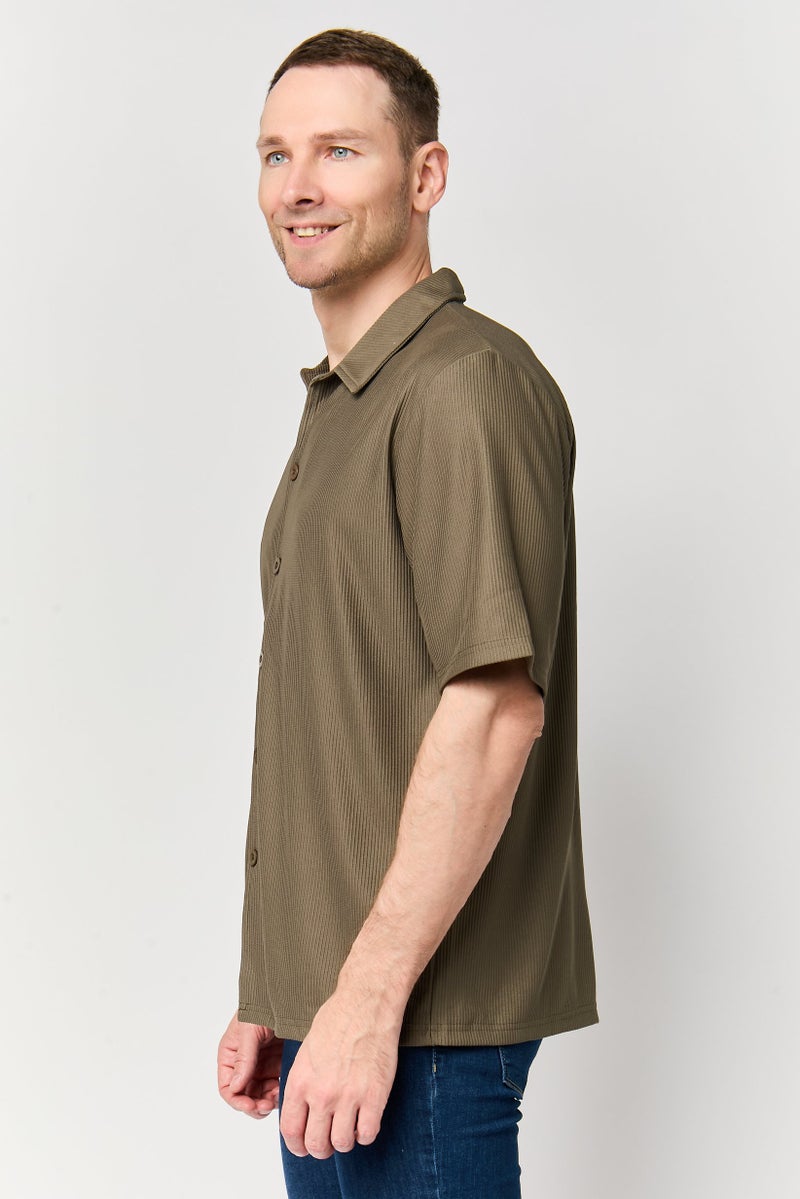 Core Elements Men Regular Fit Short Sleeve Textured Casual Shirt, Dark Olive - Image 3