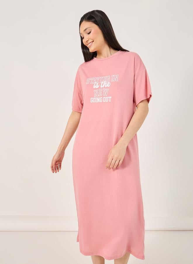 Styli Staying In Slogan Dropped Shoulder Sleep T-Shirt Dress - Image 2