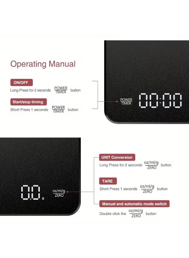 جونيس موازين القهوة الرقمية مع مؤقت - ميزان تحضير الإسبريسو والقهوة بالتقطير، ميزان مطبخ للخبز بسعة 3000 غرام / 6.6 رطل (أسود مقاوم للحرارة) - Image 3