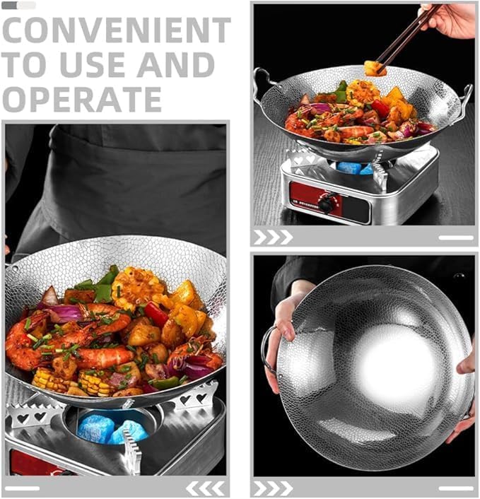Yopple Stainless Steel Hammered Wok 10Inch Round Bottom Kadhai with Handles Deep Frying Pan for Stir Fry Boiling Steaming Versatile Cookware for Gas Induction Stoves - Image 4