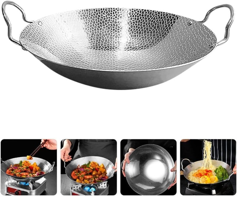 Yopple Stainless Steel Hammered Wok 10Inch Round Bottom Kadhai with Handles Deep Frying Pan for Stir Fry Boiling Steaming Versatile Cookware for Gas Induction Stoves - Image 3