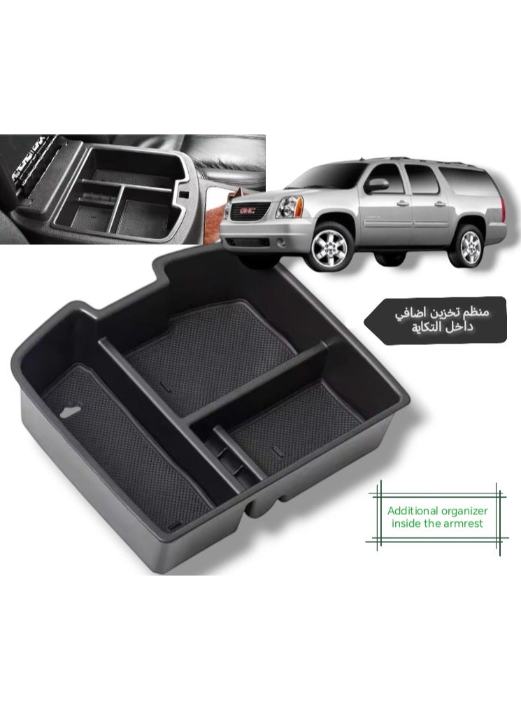 Additional Tools Storage Organizer Inside The Center Armrest Compartment In The Form Of An Organizing Tray Compatible With GM Yukon Chevrolet Tahoe Suburban And Sierra Cars From 2007 To 2014 Model Made Of Plastic And Included With 3 Pieces Of Non Slip Silicone Carpet Easy To Install And Removable - Image 1