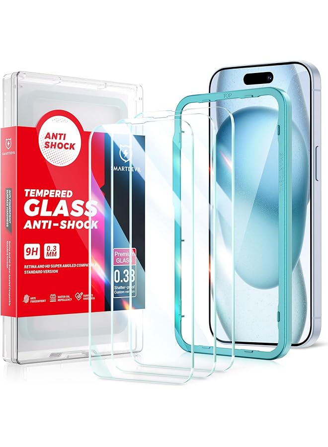 إيروريكس واقي شاشة Smartdevil لهاتف Iphone 15 مقاس 6.1 بوصة، واقي زجاجي مقوى 9H مع إطار سهل التركيب، خالٍ من الفقاعات، صديق للحافظة، عبوة من 3 قطع - Image 1