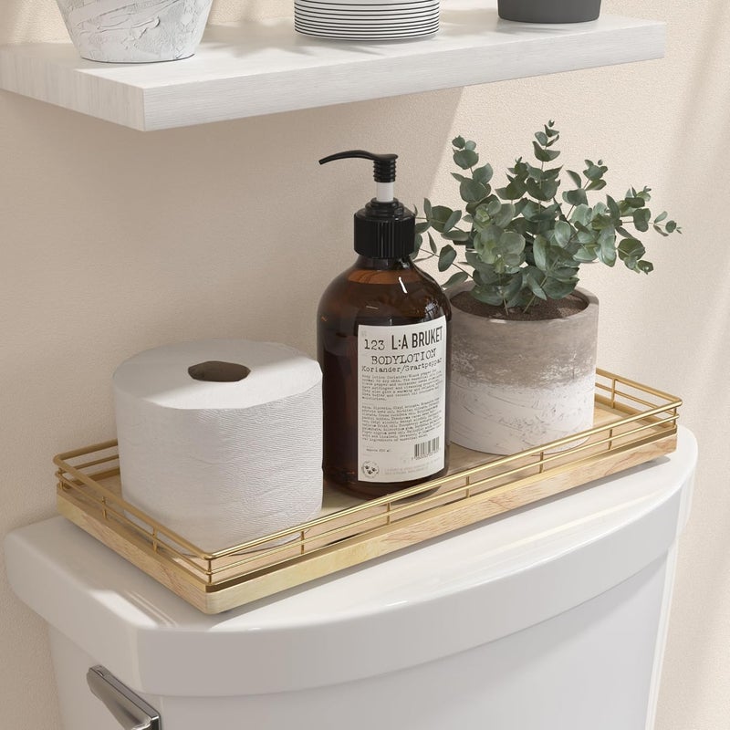 Focusonit Oak Bathroom Toilet Tank Tray, 13" Wood Back of Toilet Paper Storage Tank Topper Basket, Vanity Tray for Perfume Makeup Candle Toiletry Organizer for Kitchen Coffee Table Natural Tray Decor - Image 1