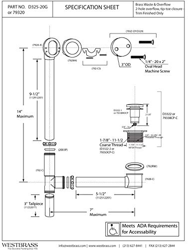 Westbrass D325-20G-01 14" 20 Gauge Brass Bath Waste & Overflow Assembly with Tip-Toe Drain Plug and 2-Hole Faceplate, Polished Brass - Image 2