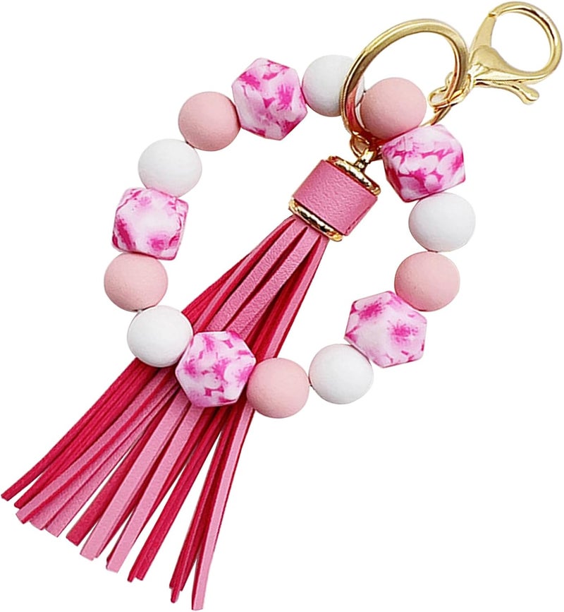 Boethesi Silicone Beaded Bracelet Keychain Key Ring for Women, Key Chain with PU Tassel, Car Keyring Wristlet Bag Pendant - Image 4