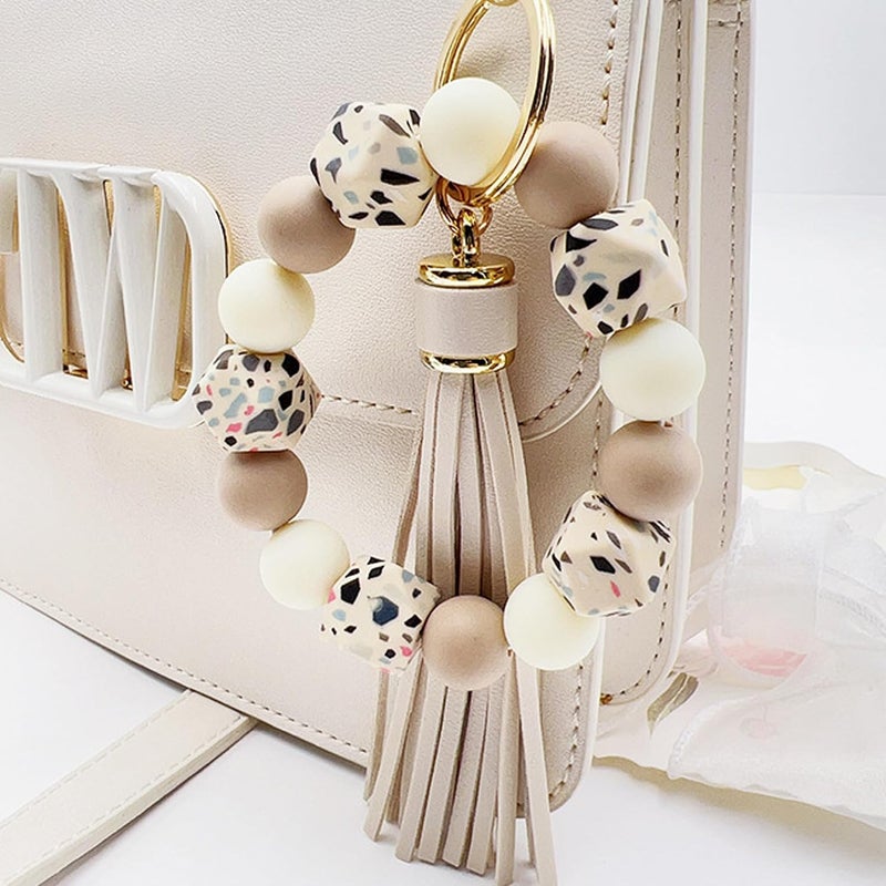 Boethesi Silicone Beaded Bracelet Keychain Key Ring for Women, Key Chain with PU Tassel, Car Keyring Wristlet Bag Pendant - Image 5