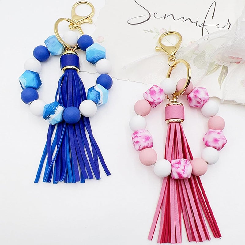 Boethesi Silicone Beaded Bracelet Keychain Key Ring for Women, Key Chain with PU Tassel, Car Keyring Wristlet Bag Pendant - Image 3