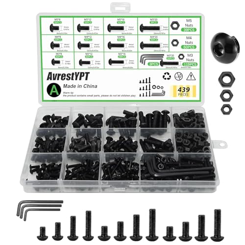 AvrestYPT 439PCS Metric Bolt and Nut Assortment Kit - M3 M4 M5 Machine Screws with Lock & Flat Washers, Grade 10.9 Alloy Steel Hex Socket Button Head Silver Screw Set for Hardware, 3D Printer, and DIY Projects - Image 1