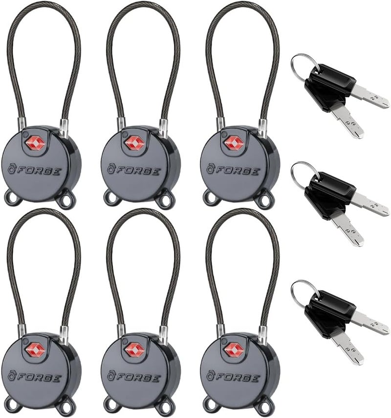 Forge TSA Approved Luggage Locks Ultra-Secure Dimple Key Cable Locks for Travel with Zinc Alloy Body- 6 Black Locks - Image 1