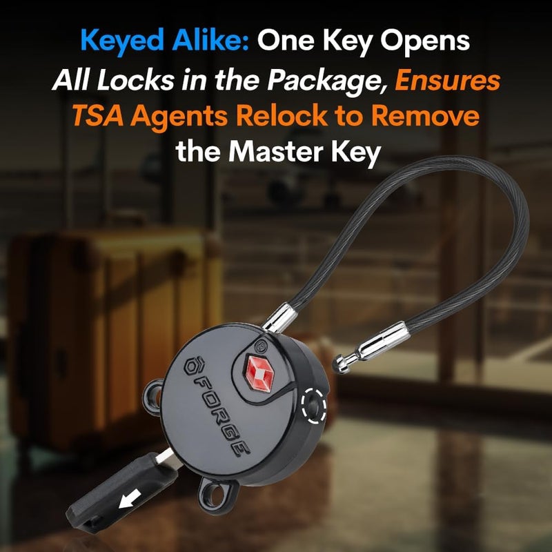 Forge TSA Approved Luggage Locks Ultra-Secure Dimple Key Cable Locks for Travel with Zinc Alloy Body- 6 Black Locks - Image 3