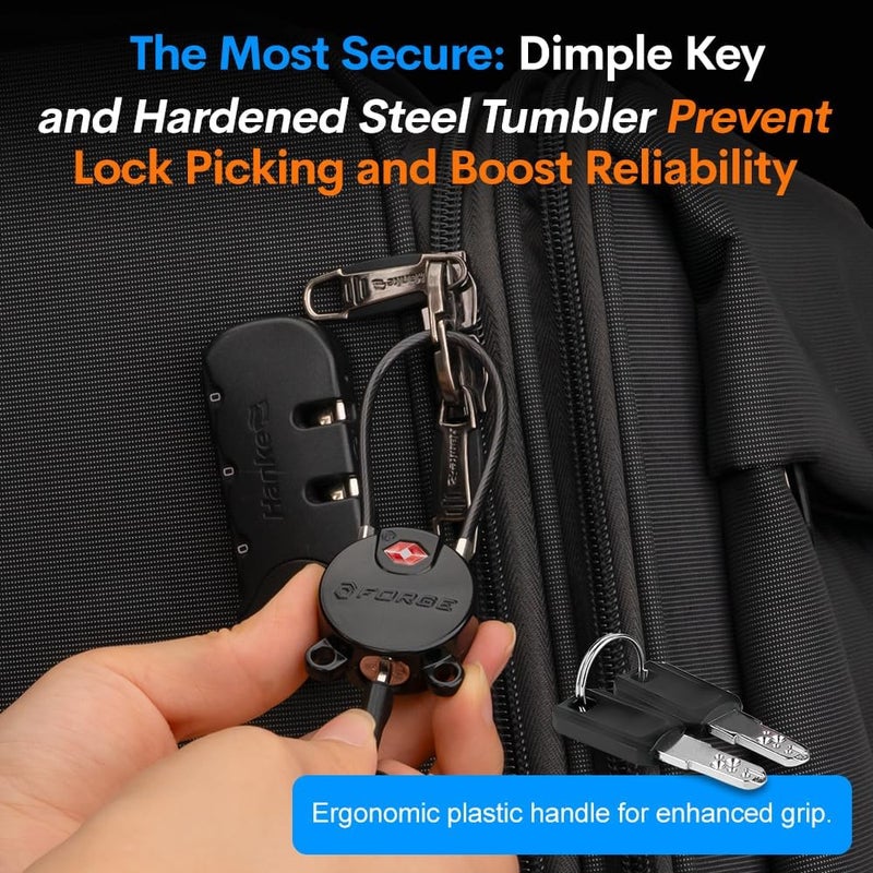 Forge TSA Approved Luggage Locks Ultra-Secure Dimple Key Cable Locks for Travel with Zinc Alloy Body- 6 Black Locks - Image 4