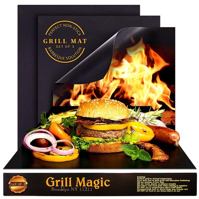 Grill Magic BBQ Grill Mat Set of 3-100% Nonstick Large Grilling Sheets - Heavy Duty Cooking Mats for Outdoor Grill Charcoal, Gas or Electric - Reusable, Extra Thick and Easy to Clean - 15.75 x 13 - Image 1