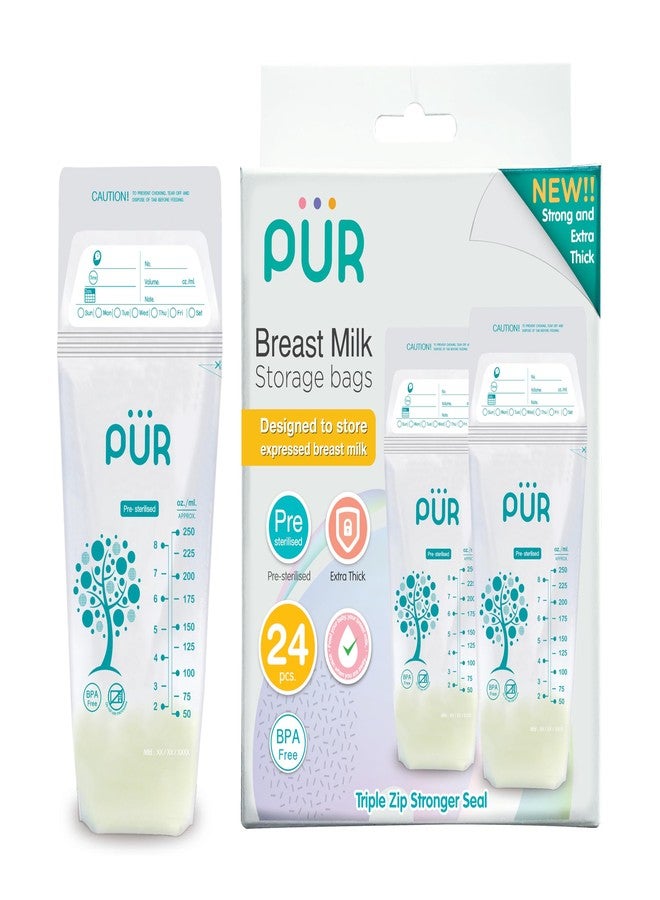 Pur Breast Milk Transparent Storage Bags by Fratelli | Breastmilk Pouches for Fridge or Freezer Use | Pre-sterilized | Reusable | Tripple Zipper for Ultimate Protection | 250ml (24 Bags) - Image 1