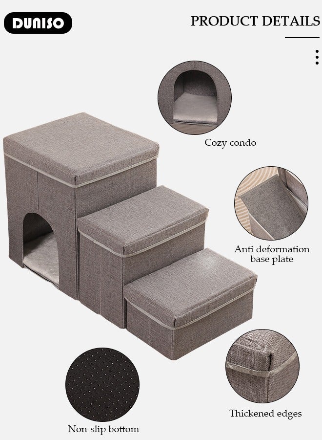 DUNISO 3-Step Foldable Pet Steps, 3-in-1 Soft Flannel Dog Stairs with Storage & Cozy Condo, Non-Slip Cat Steps with High-Elastic and Breathable Material Sponge for Puppy Kitten Climbing High Bed and Couch - Image 2