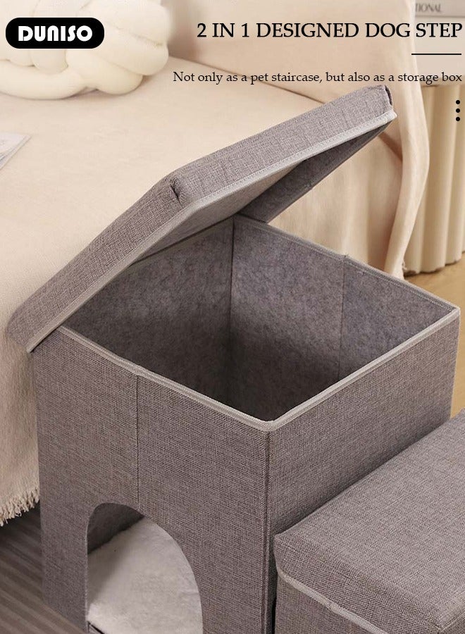 DUNISO 3-Step Foldable Pet Steps, 3-in-1 Soft Flannel Dog Stairs with Storage & Cozy Condo, Non-Slip Cat Steps with High-Elastic and Breathable Material Sponge for Puppy Kitten Climbing High Bed and Couch - Image 3