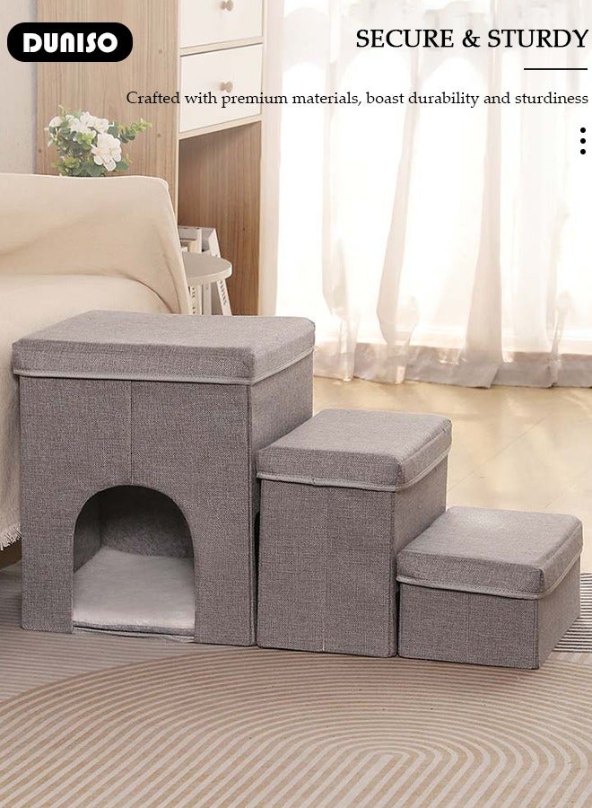 DUNISO 3-Step Foldable Pet Steps, 3-in-1 Soft Flannel Dog Stairs with Storage & Cozy Condo, Non-Slip Cat Steps with High-Elastic and Breathable Material Sponge for Puppy Kitten Climbing High Bed and Couch - Image 5