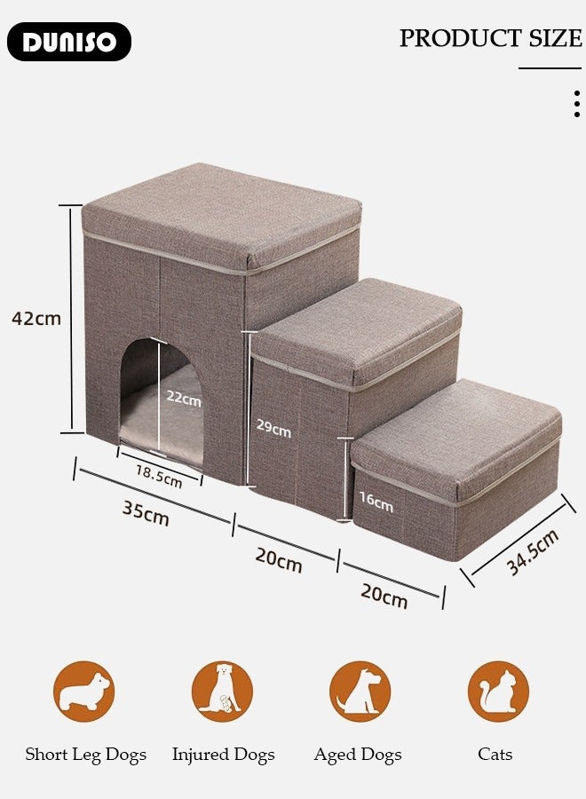 DUNISO 3-Step Foldable Pet Steps, 3-in-1 Soft Flannel Dog Stairs with Storage & Cozy Condo, Non-Slip Cat Steps with High-Elastic and Breathable Material Sponge for Puppy Kitten Climbing High Bed and Couch - Image 4