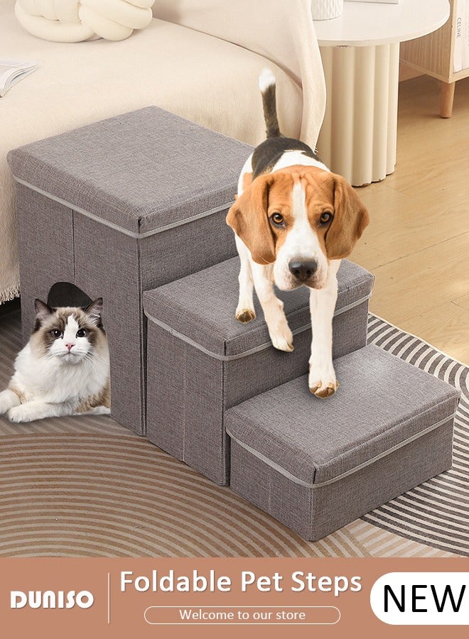 DUNISO 3-Step Foldable Pet Steps, 3-in-1 Soft Flannel Dog Stairs with Storage & Cozy Condo, Non-Slip Cat Steps with High-Elastic and Breathable Material Sponge for Puppy Kitten Climbing High Bed and Couch - Image 1