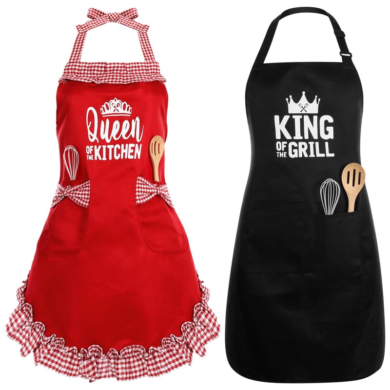 Cotwinter King & Queen Aprons for Couple Gift Cute Apron Anniversary Bridal Shower Wedding Engagement for Christmas Couple Kitchen Gift Unique Valentine's Day Ideas(Red) - Image 1