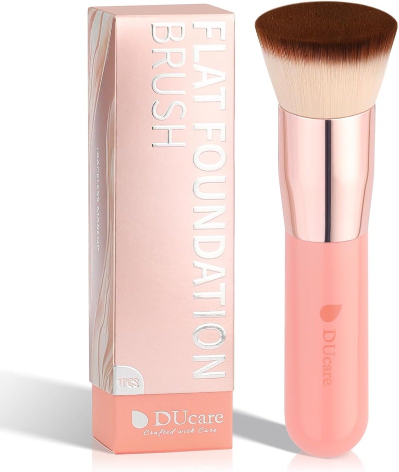 DUcare Foundation Brush for Liquid Makeup, Flat Top Kabuki Synthetic Professional Makeup Brushes Liquid Blending Mineral Powder Buffing Stippling Makeup Tools, Pink - Image 1