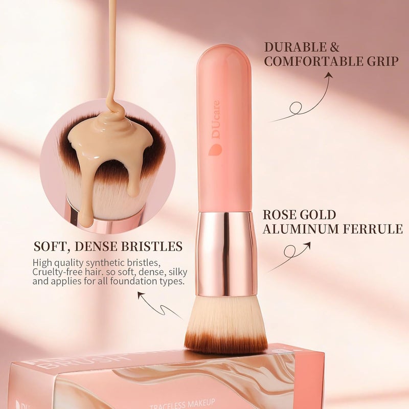 DUcare Foundation Brush for Liquid Makeup, Flat Top Kabuki Synthetic Professional Makeup Brushes Liquid Blending Mineral Powder Buffing Stippling Makeup Tools, Pink - Image 3