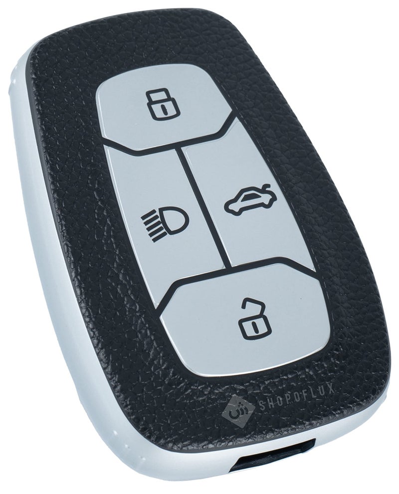 SHOPOFLUX TPU Leather Key Cover Compatible with Tata Nexon | Harrier | Safari | Altroz | Tigor | EV | Punch | Tiago EV Electric 4 Button Smart Key Only (Black Silver) - Image 1