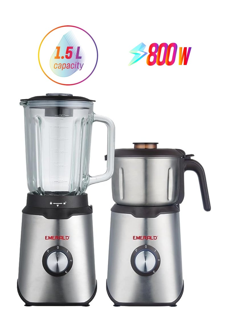 Emerald Masterblender Duo 1.5 Litre Glass Blender & 250 Gms Stainless Steel Dry Grinder, 800 Watts, EK739MBG. - Image 1