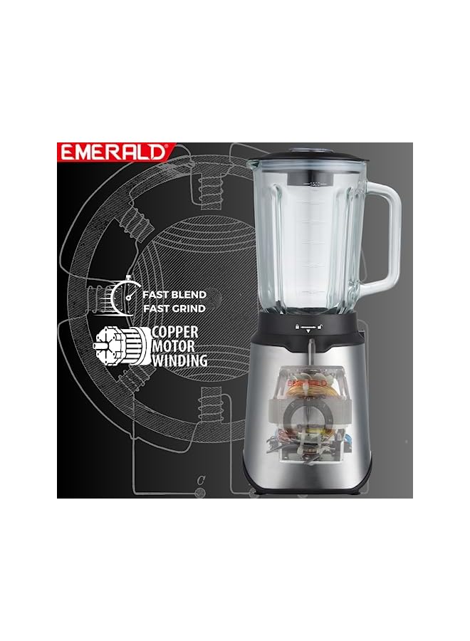 Emerald Masterblender Duo 1.5 Litre Glass Blender & 250 Gms Stainless Steel Dry Grinder, 800 Watts, EK739MBG. - Image 5