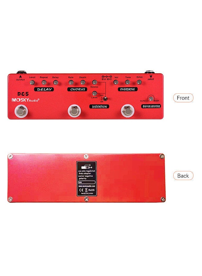 MOSKYAudio - DC5 6-in-1 Guitar Multi-Effects Pedal Delay + Chorus + Distortion + Overdrive + Booster + Buffer Full Metal Shell with True Bypass - Image 1