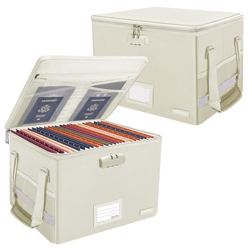 ENGPOW File Box with Lock,Fireproof Document Box with Zipper Lid,Collapsible File Storage Organizer Filing Cabinet with Handles,Portable Home Office Safe for Hanging Letter/Legal Folders,Beige,2 Pack - Image 1