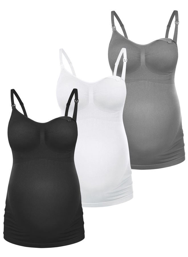 HOFISH Support Nursing Tank Tops for Breastfeeding, Comfort Stretch Maternity Camisoles with Built in Bra BlackWhiteGrey XL - Image 1