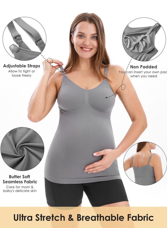 HOFISH Support Nursing Tank Tops for Breastfeeding, Comfort Stretch Maternity Camisoles with Built in Bra BlackWhiteGrey XL - Image 2