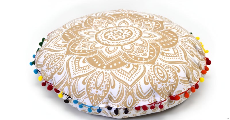 CRAFT KALA 22 Floor Pillows Cover for Sitting Large Meditation Cushions Cover for Adults Bohemian Mandala Round Pouf Seating Ottoman Cover for Outdoor Yoga and Living Room White Gold Flower