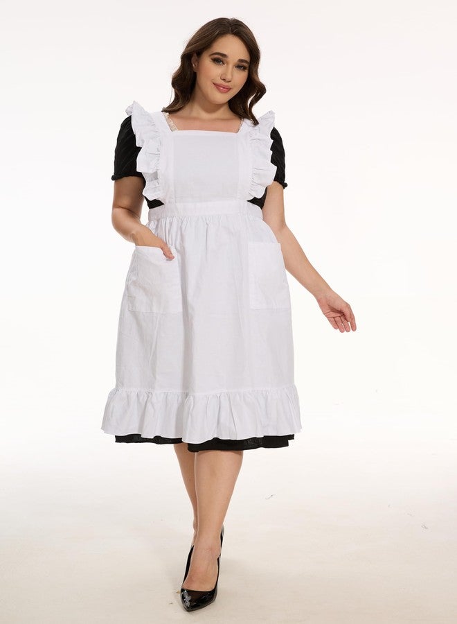 LilMents Long Maxi Cotton Ruffle Apron with Pockets, Small to Plus Size Ladies (White) - Image 5