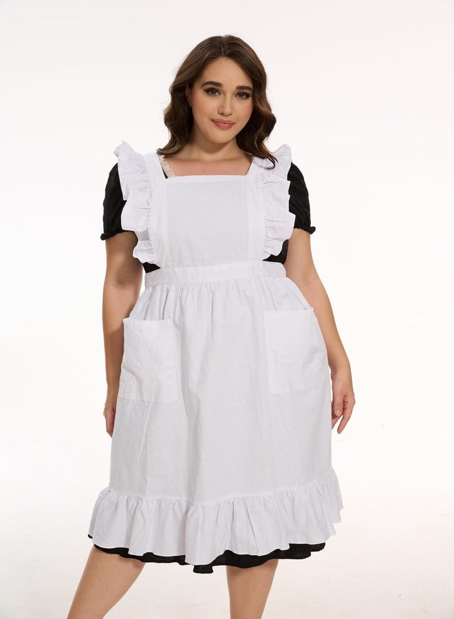 LilMents Long Maxi Cotton Ruffle Apron with Pockets, Small to Plus Size Ladies (White) - Image 2