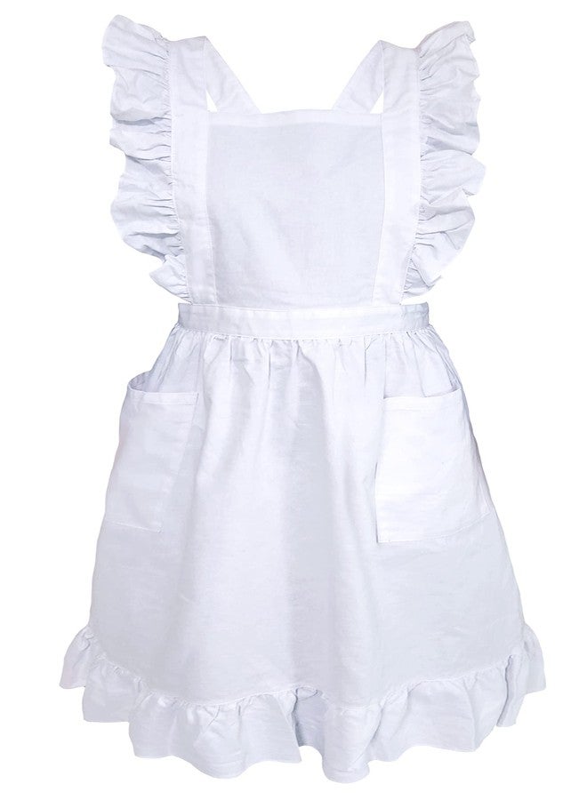 LilMents Long Maxi Cotton Ruffle Apron with Pockets, Small to Plus Size Ladies (White) - Image 1